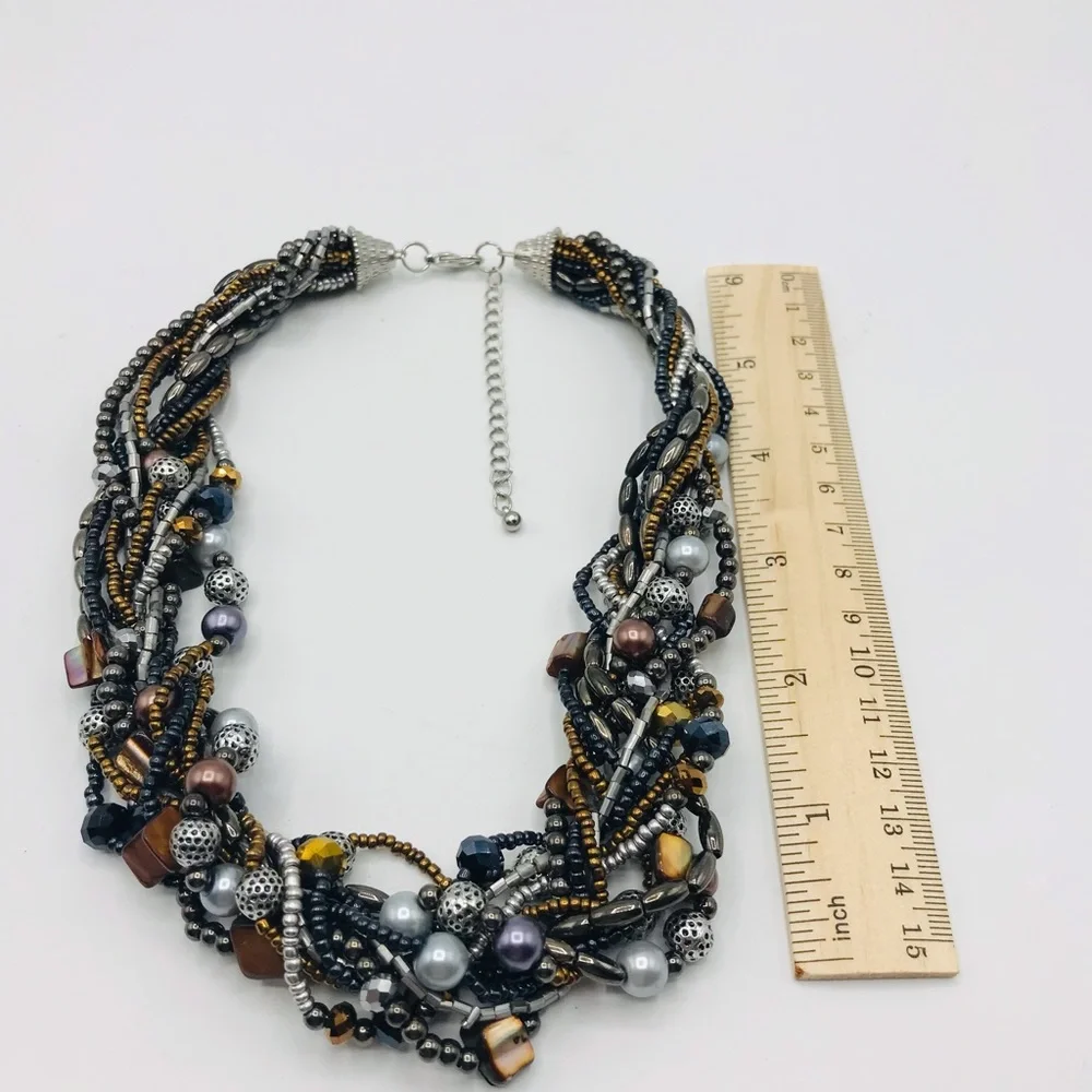 Multi-Strands multi color faux glass Pearl hematite tri Color necklace,